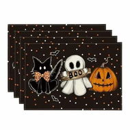 Detailed information about the product Polka Dot Ghost Pumpkin Cat Boo Halloween Placemats Set of 4 Seasonal Fall Table Mats for Party Kitchen Dining Decoration(30*45CM)