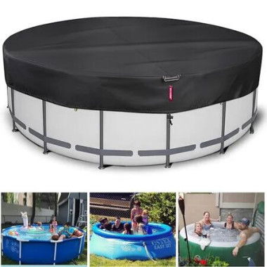 Pool Cover Winter Round 15ft Above Ground Fade Resistant Windproof Strap Drawstring Ground Nails Black