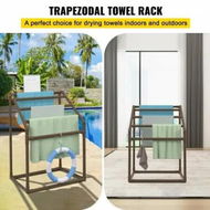 Detailed information about the product Pool Towel Rack 5 Bar Brown Freestanding Outdoor PVC Trapedozal Poolside Storage Organizer Include 8 Towel Clips Mesh Bag Hook Also Stores Floats & Paddles