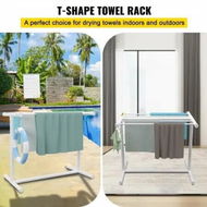 Detailed information about the product Pool Towel Rack 5 Bar White Freestanding Outdoor PVC T-Shape Poolside Storage Organizer Include 8 Towel Clips Mesh Bag Hook Also Stores Floats and Paddles