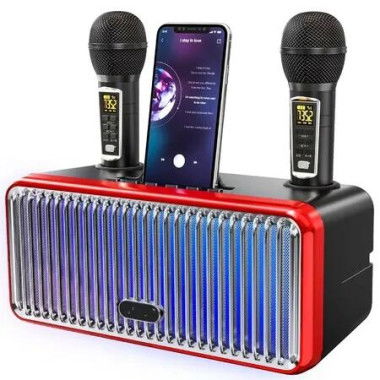 Portable Bluetooth Speaker with 2 UHF Wireless Microphones Karaoke Speakers with Phone Holder,PA System with LED Lights for Home Parties,Picnic-Black