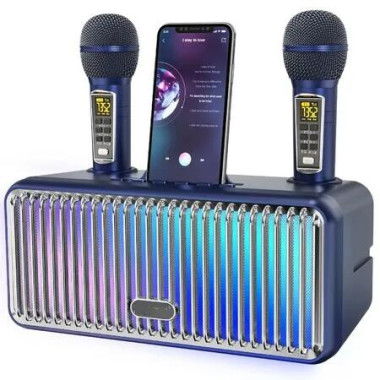 Portable Bluetooth Speaker with 2 UHF Wireless Microphones Karaoke Speakers with Phone Holder,PA System with LED Lights for Home Parties,Picnic-Blue