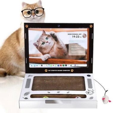 Portable Cat Laptop Scratcher for Indoor Cats,3-in-1 Interactive Cat Toys with Fluffy Mouse and Ball Pad,Kitten Toys and Cat Scratching Board