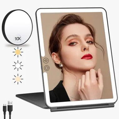 Portable Large Travel Makeup Mirror with Light, Rechargeable Makeup Mirrors with 3 Color Lights, Dimmable Folding with Small 10x Mirror (Black)