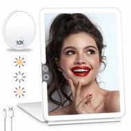 Detailed information about the product Portable Large Travel Makeup Mirror with Light, Rechargeable Makeup Mirrors with 3 Color Lights, Dimmable Folding with Small 10x Mirror (White)
