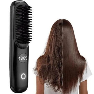 Portable Straightener Brush Comb,USB Rechargeable and Cordless Hair Fast Heating Cordless Mini Hair Tool for Women Travel,Black