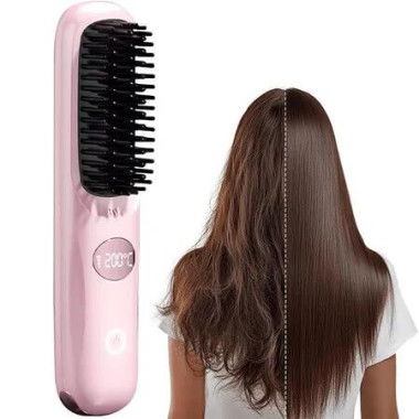 Portable Straightener Brush Comb,USB Rechargeable and Cordless Hair Fast Heating Cordless Mini Hair Tool for Women Travel,Pink