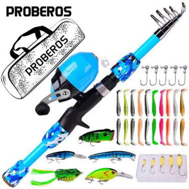 Portable Telescopic Fishing Rod and Reel Combo Kit, Fishing Reel Casting Rods with Lures Lines Tackle Box and Bag for Boys Girls(Blue)