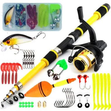 Portable Telescopic Fishing Rod and Reel Combo Kit with Fishing Reel Tackle Box for Boys, Girls, Youth (Yellow)