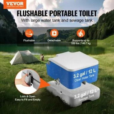 Portable Toilet for Camping Porta Potty with 3.2 Gal Waste Tank & 3.2 Gal Flush Tank Push-Button Pressurized Flush Commode Leak-proof and Odourless