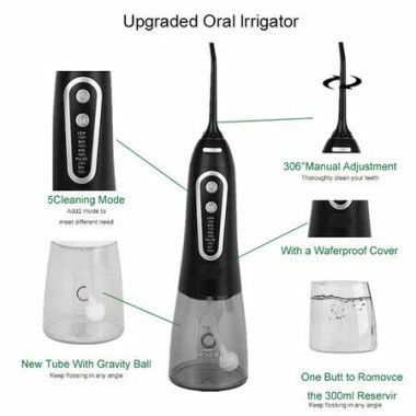 Portable Wireless Oral Irrigator 5 Modes 6 interchangeable Nozzles for All Mouth Needs Deep Cleaning, 300 ml Capacity, Safe IPX7 waterproof, USB Charging Perfect for Home & Travel(Black)