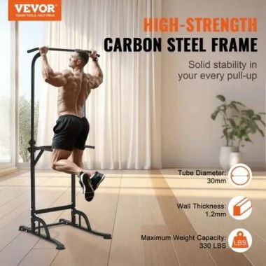 Power Tower Dip Station 10-Level Height Adjustable Pull Up Bar Stand Multi-Function Strength Training Workout Equipment with 4 Suction Foot Covers Home Gym