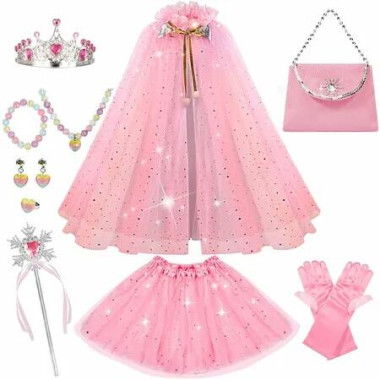 Princess Dress Up Clothes for Little Girl,11Pcs Princess Cape with Crown,Princess Dresses for Girl Age3+ Birthday Gift (Pink)