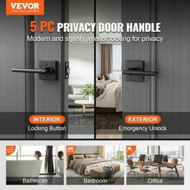 Privacy Door Handle, 5 Pack Matte Black Door Lever, Left or Right Handing Reversible Lever with Keyless Lock, 45Â° Rotation to Open, Square Interior Door Handles for Bedroom and Bathroom Doors