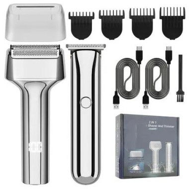 Professional Hair Trimmer Set 2 in 1 Beard Trimmer Electric Shaver T-Blade Hair Trimmer Rechargeable Care Set Men's Gifts-Silver