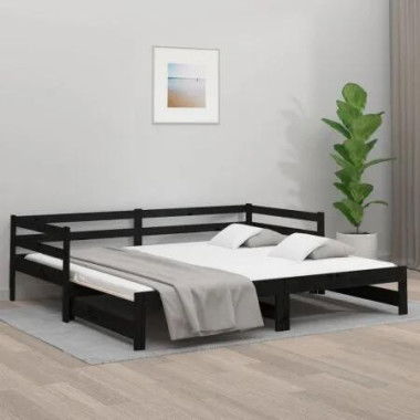 Pull-out Day Bed Black 2x(92x187) cm Single Size Solid Wood Pine