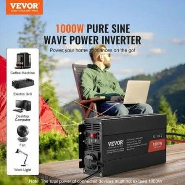 Pure Sine Wave Inverter 1000 Watt DC 12V to AC 230V Power Inverter with 2 AC Outlets 2 USB Port 1 Type-C Port Remote Control