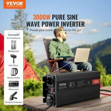 Pure Sine Wave Inverter 3000 Watt Power Inverter with 2 AC Outlets 2 USB Port 1 Type-C Port LCD Display and Remote Controller