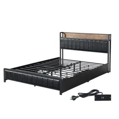 Queen Bed Frame PU 4 Drawer USB Charge