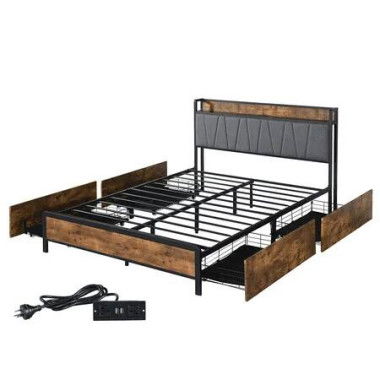 Queen Bed Frame Soft Storage Drawers Headboard USB Charge