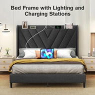 Detailed information about the product Queen Size Bed Frame Headboard Bedroom Furniture Mattress Base Platform Under Foundation Storage Wooden Slats Fabric Grey LED Light USB Charging Port