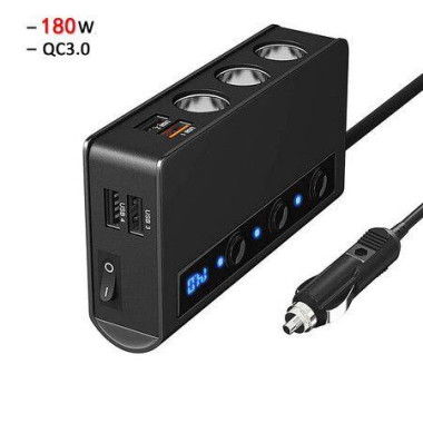 Quick Charge 3.0 Cigarette Lighter Adapter 180W 3-Socket Power Splitter DC Outlet 4 USB Ports.