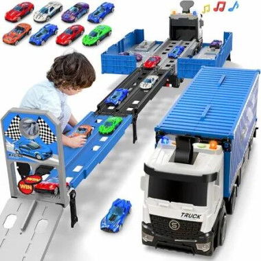 Race Track Carrier Truck Toddlers Toys Foldable 3 Layer Playset Transport 8 Cars Blue Xmas Gift Age 3+ Boys Girls Speed Adventure Fun