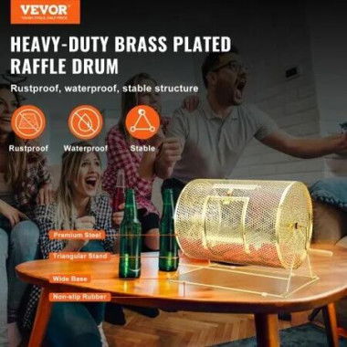 Raffle Drum 16.1 x Ã˜12 inch Brass Plated Raffle Ticket Spinning Cage Holds 5000 Tickets or 200 Ping Pong Balls Metal Lottery Spinning Drawing with Wooden