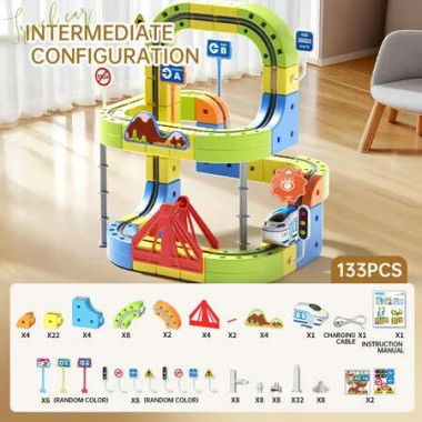 Rail Train Set 3D Embedded Race Track Gravity Defying Motorized Car Rail Cube DIY Montessori Sensory Building Toy 133 Pcs STEM Christmas Birthday Gift
