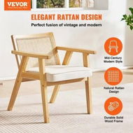 Detailed information about the product Rattan Chair, Mid Century Modern Dining Chair with Armrest, Upholstered Chair with Rattan Back, Retro Rattan Dining Room Kitchen Chair for Living Room, Bedroom, Reading Room, and Office, Beige