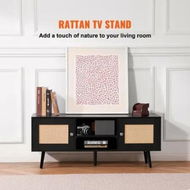 Detailed information about the product Rattan TV Stand, Boho TV Cabinet for 55 inch TV, Mid Century Modern TV Stand, Rattan TV Console with Adjustable Shelfs for Living Room, Media Room, Black