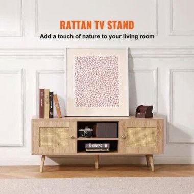 Rattan TV Stand, Boho TV Cabinet for 55 inch TV, Mid Century Modern TV Stand, Rattan TV Console with Adjustable Shelfs for Living Room, Media Room, Oak