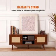 Detailed information about the product Rattan TV Stand, Boho TV Cabinet for 55 inch TV, Mid Century Modern TV Stand, Rattan TV Console with Adjustable Shelfs for Living Room, Media Room, Walnut