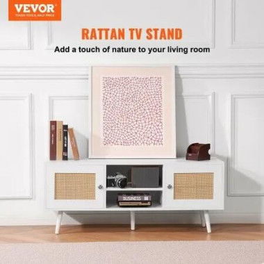 Rattan TV Stand, Boho TV Cabinet for 55 inch TV, Mid Century Modern TV Stand, Rattan TV Console with Adjustable Shelfs for Living Room, Media Room, White