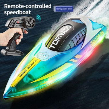 RC Boat for Kids 8-12, Fast Remote Control Boat with LED Lights, 2.4G RC Electric Boats Pool and Lakes Toys for Adults (Transparent Blue)