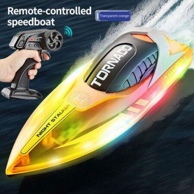 RC Boat for Kids 8-12, Fast Remote Control Boat with LED Lights, 2.4G RC Electric Boats Pool and Lakes Toys for Adults (Transparent Orange)