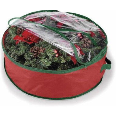 Red 76*20cm Wreath Storage Bag,Dual Zippered Wreath Bag,Durable Stitch Reinforced Handles,Non-Woven Wreath Christmas Storage