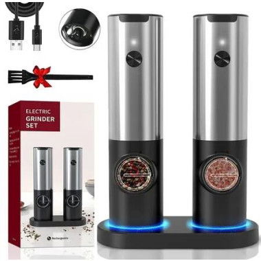 Refillable Auto Electric Salt and Pepper Grinder Set with USB Rechargeable Base,Bright LED light