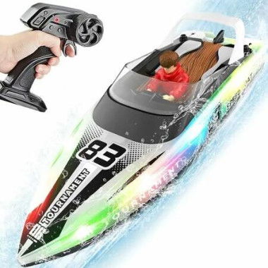 Remote Control Boat with LED Lights, 40 Mins Play Time, Waterproof Remote Control Boat for Pools Lakes, Summer Water Toys for Kids (White)