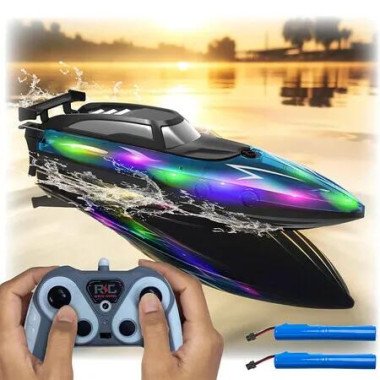 Remote Control Boat with LED Lights, Pool and Lake RC Boats for Kids Ages 8-12, 2.4GHZ Remote Control Boat
