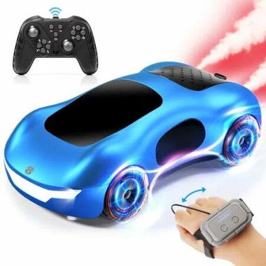 Remote Control Car 2.4GHz Gesture Sensing RC Sunt Car with Lighting, Spray 360 Degree Rotating Side Drift Cars for Kids(Blue-2* Rechargeable Batteries)