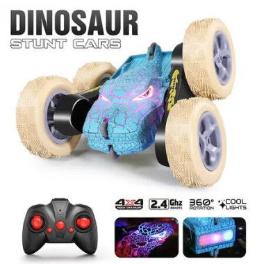 Remote Control Dino Monster Truck, RC Drift Crawler Stunt Off Road Car, Glowing Eyes, Gift for 4+ Years Old Boys Girls (Blue)