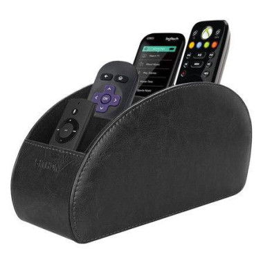Remote Control Holder With 5 Compartments - PU Leather Remote Caddy Desktop Organizer Store TV DVD Blu-Ray Media Player Heater Controllers Black