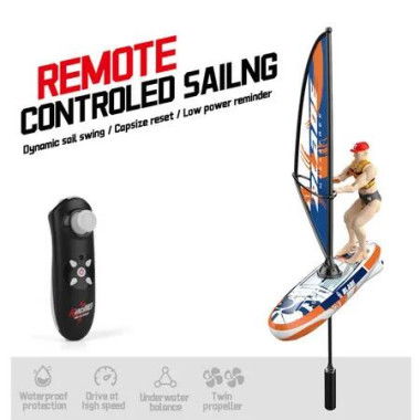 Remote Control Sailboat Racing Toy, Auto-Balance RC Surf Boat Dual Propellers 2.4 GHz Watercraft with 180 Degree Flip Balance Bar and LED Light (Blue)