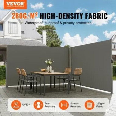 Retractable Side Awning, 160X600cm Aluminum Outdoor Privacy Screen, 280g Polyester Water-proof Retractable Patio Screen, UV 30+ Room Divider Wind Screen for Patio, Backyard, Balcony, Gray