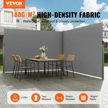 Retractable Side Awning, 79''x 236'' Outdoor Privacy Screen, 180g Polyester Water-proof Retractable Patio Screen, UV 30+ Room Divider Wind Screen for Patio, Backyard, Balcony, Gray