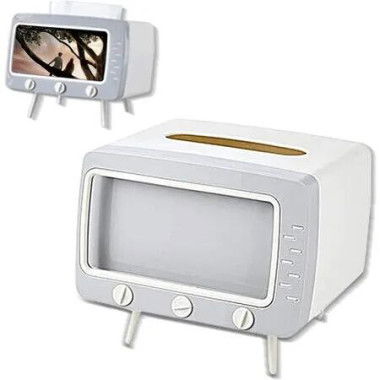 Retro TV Tissue Box Cover Cute and Practical Cell Phone Holder Tampon Holder for Kitchen, Bedroom Dressers, Desks and Tables, Creative Gift, White
