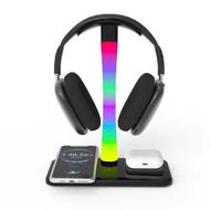 Detailed information about the product RGB Headset Stand with 15w Wireless Charger,4 in 1 Gaming Headphone Desk Holder with 7 Light Modes and Non-Slip Rubber Base for Phone,AirPods-Black