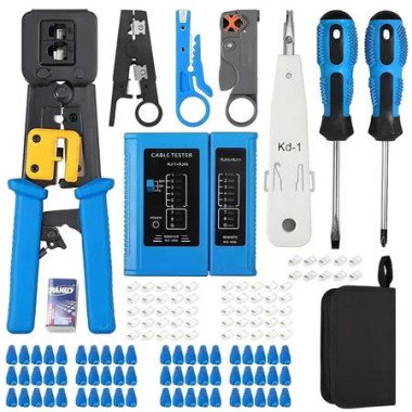 Rj45 Network Cable Crimper Tool Kit For Rj11 Rj12 Cat5 Cat5E Cat6,Rj45 Tester Stripper Cutter Set With 60Pcs Connectors 50Pcs Covers