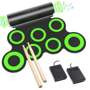 Roll Up Drum Practice Pad Midi Drum Kit With Built-in Speaker Drum Pedals Sticks Great Gift For Kids-Green